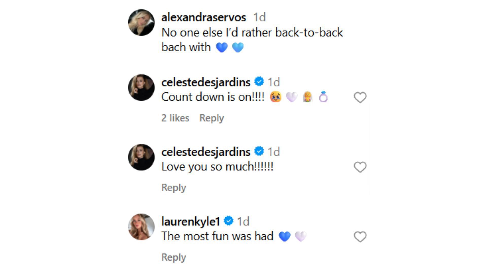 Lauren Kyle and Celeste Desjardins' comments on Alexandra Servos' post (Source: Instagram @alexandraservos)